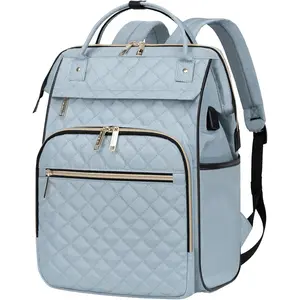 17 Inch Laptop Backpack for Women, Work Business Travel Computer College Bags, Large Capacity Water-repellent Quilted Casual Daypack with USB Port, Light Blue