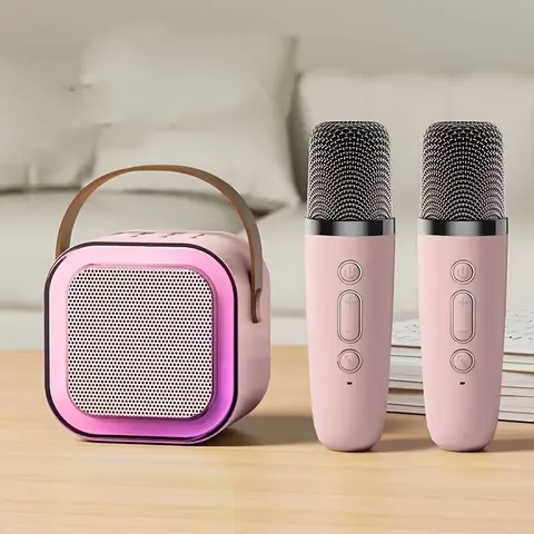 Mini Bluetooth Karaoke Machine - Lightweight Grab-and-Go Rechargeable Speaker with 2 Wireless Microphones, 6-10h Battery, USB/Aux/TF Support, LED Lights, Magic Voice, 1-Yr No Reason Replacement Batteries, Ideal Gift for Kids, Perfect for Karaoke Parties