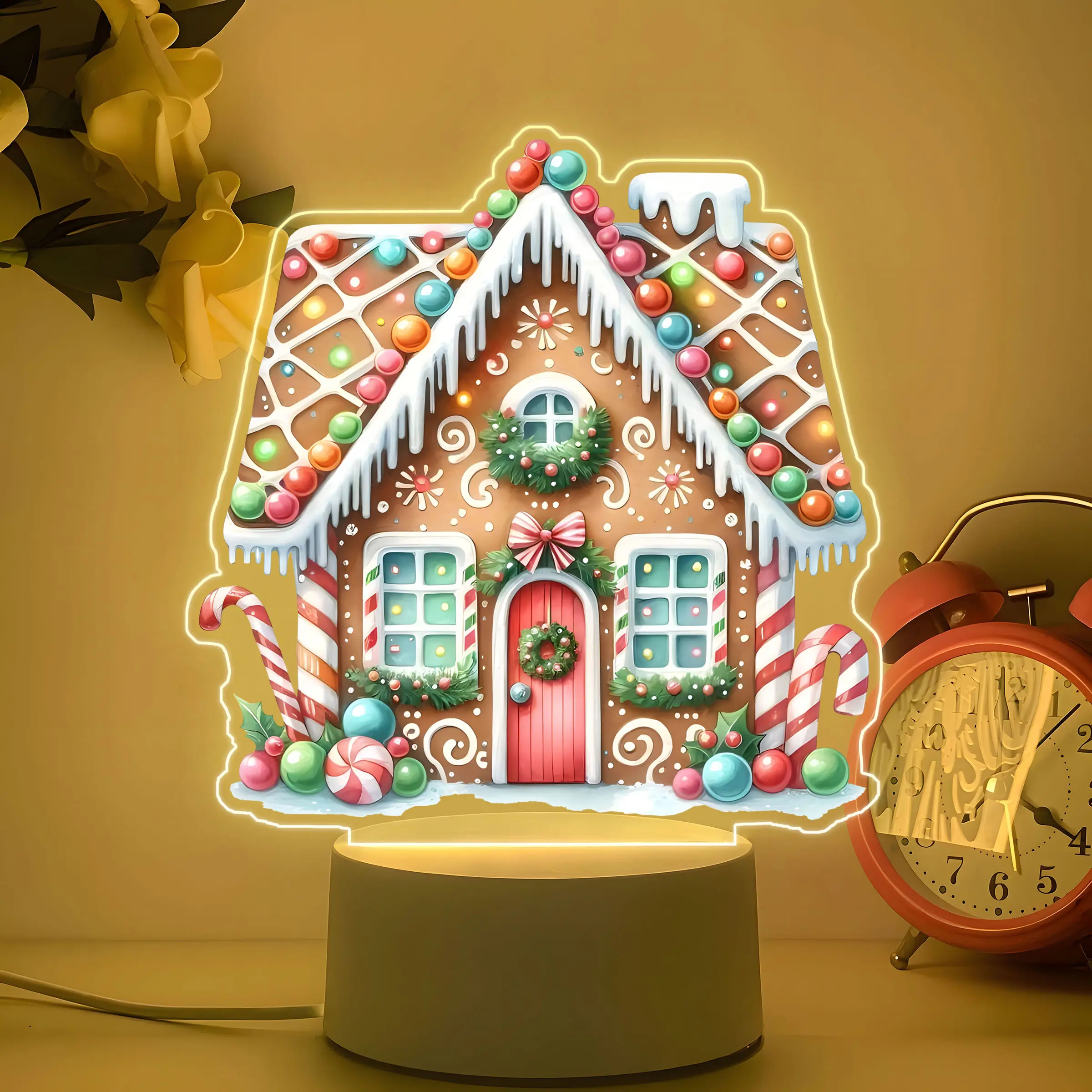 Acrylic LED Night Light, Home Decoration Lamp, Colorful Gingerbread House, Christmas Theme, USB Powered, Warm Light, Button Control, Perfect for Bedroom Decor