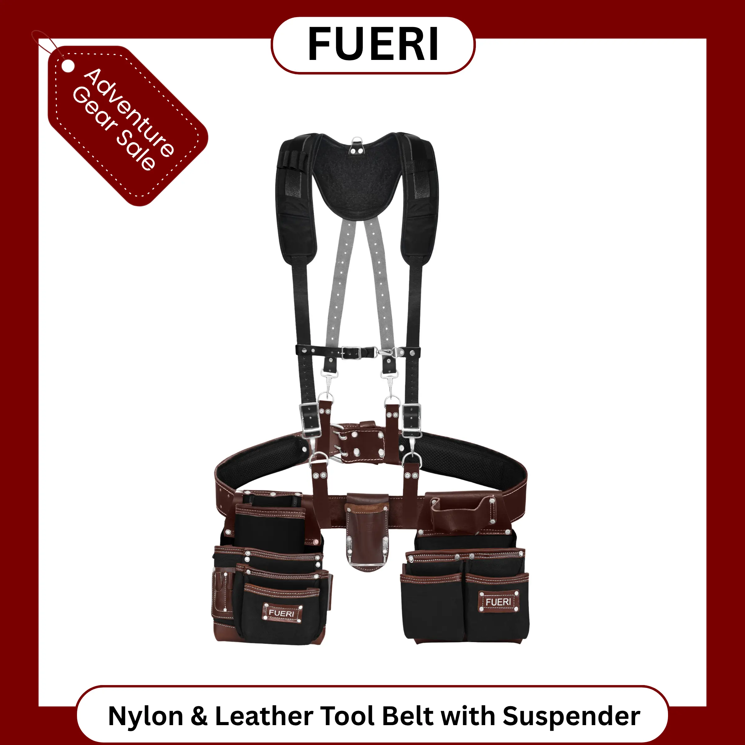 FUERI Nylon and Leather Tool Belt with Suspender comes with 19 Pocket with Adjustable Foam Padded Belt,Heavy Duty Pouches, 4 D-Loops, Leather Suspender and hammer holder for Carpenters & Electricians