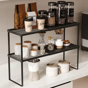 Expandable Cabinet Shelf Organizer, 2 Pack Stackable Counter Shelf Riser, Spice Rack Countertop Organizer for, Pantry, Cupboard, Rv (Black)