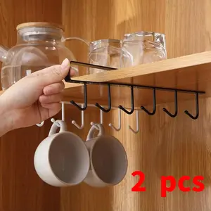 (Without Screws) Cup Hook Shelf, 2 Count Multifunctional Under Cabinet 6 Hooks Cup Storage Rack, Home Organizer for Kitchen Bathroom Bedroom, Wall Mounted Organizer