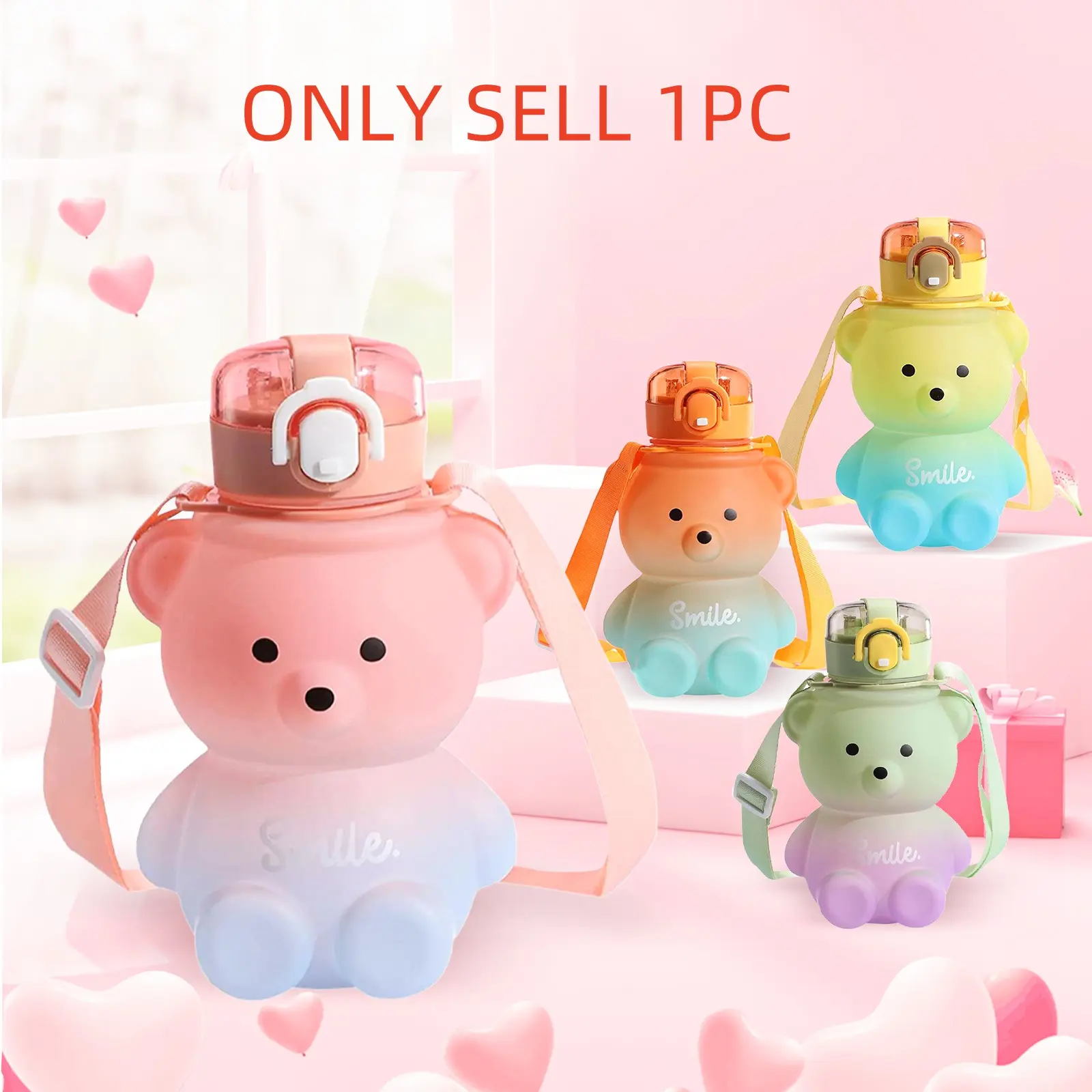 Bear and Water Bottle 650ML, Straw, Portable, Reusable Bottles, Gradient, Cute Bear Design, Durable Plastic Material, Perfect for Daily Use, Ideal Gift for Kids & Adults, Drinkware