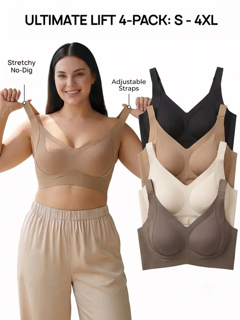 4-Pack Seamless Jelly Push-Up Bra | Wirefree Full Coverage Everyday Comfort Bralette, Miracle Lift Cool T-Shirt Sleep Bra, S-4XL Plus Size Womenswear Basic Wireless Soft
