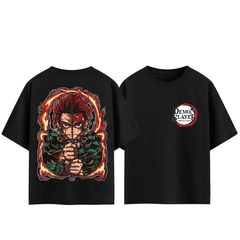 Demon Slayer Kamado Tanjiro Anime Graphic Tee, Premium Heavyweight Vintage Acid Washed Oversized Cotton Top, Breathable Casual Streetwear Y2K Retro Hip Hop Daily Wear Unisex Otaku Fashion Crew Neck Short Sleeve Shirt
