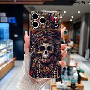 Premium Indian-inspired skull Pattern Soft Case for iPhone 17 Pro Max Air 16 Plus 15 14 13 12 11 Elegance Luxury Golden Edge Electroplating TPU Phone Protection Cover Premium Slim Shockproof Lightweight Protective Cover