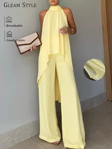 Women's Sleeveless Summer Top & Long Pants Set, Casual Fitted Backless Design, Simple Sexy Style, Two-Piece for Spring & Autumn, Womenswear