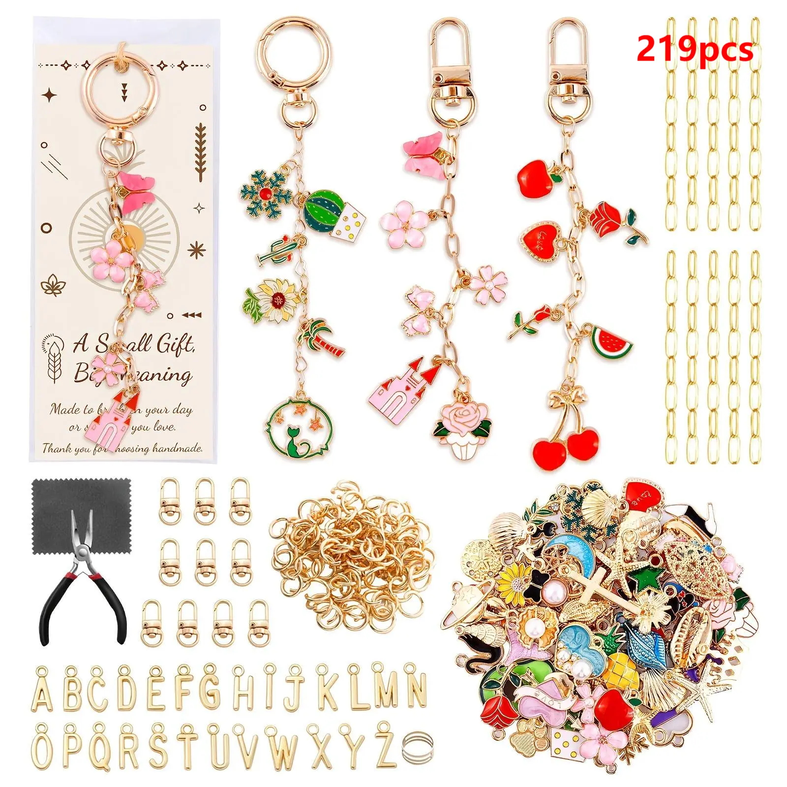 LINNO 219pcs Zinc Alloy Color Block Charm Accessory Kit - Bead Mix, 50 Charms, Keychain Clips, Rings, Jewelry Pliers, Extender Chains for Beaded Bag Keychains Crafting & Jewelry Making, Craft Kit, Unisex, 50 Charms To Mix
