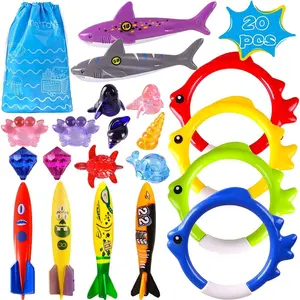 P-TBT0111   Summer Pool Diving Swimming Toys for Kids, Fun Swim Games Sinking Set, Underwater Dive Gifts with Storage Bag Include Torpedo Gems Shark Rings Sea Animals for Boys Girls Toddlers 20 Packs