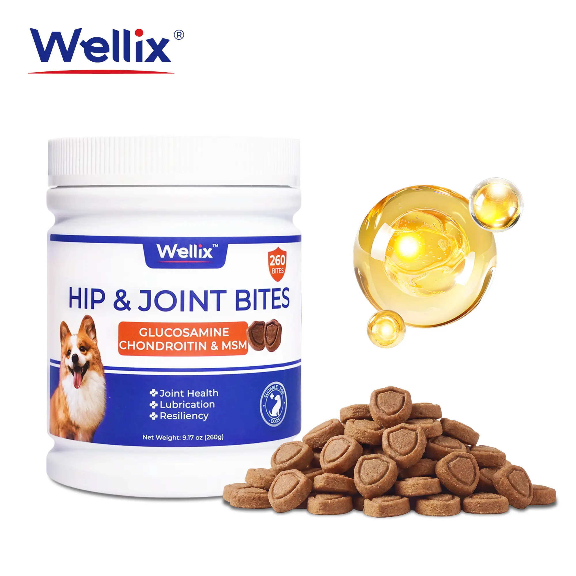 Wellix 260-Count Dog Hip & Joint Chewables, 276g Arthritis Pain Relief Supplement with Glucosamine, Chondroitin, MSM for Senior Dogs & All Breeds, Antioxidant Joint Care Treats, Glucosamine+Msm