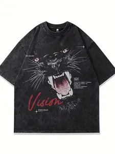 260g Heavyweight Vintage Washed Roaring Black Panther Graphic T-Shirt, 100% Cotton Breathable & Moisture-Wicking Acid Washed Tee, Dark Streetwear Oversized Casual Top for Men Women Wild Animal Print Fashion Fans