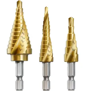 BODERI 3PC Step Drill Bit Set, 1/4" Hex Shank High-Speed Steel Spiral Grooved Step Drill Bit for Sheet Aluminium Metal Wood Hole Drilling