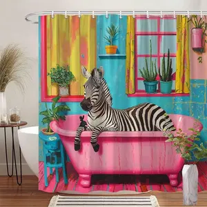 1 Piece Minimalist Pink Bathtub Fantasy Zebra Shower Curtain - 70x70in Durable Polyester, Vibrant Art, Playful Black And White Stripes, Colorful Bathroom Home Decoration, Machine Washable, Shower Curtains Accessory
