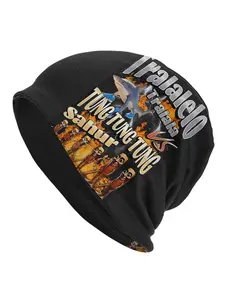 Tralalelo Italian Brainrot Meme Beanie - Black Knit Cap with Shark & Egyptian Mummies Design, Hip Hop Style, Polyester Blend, Perfect for Men, Funny Beanie