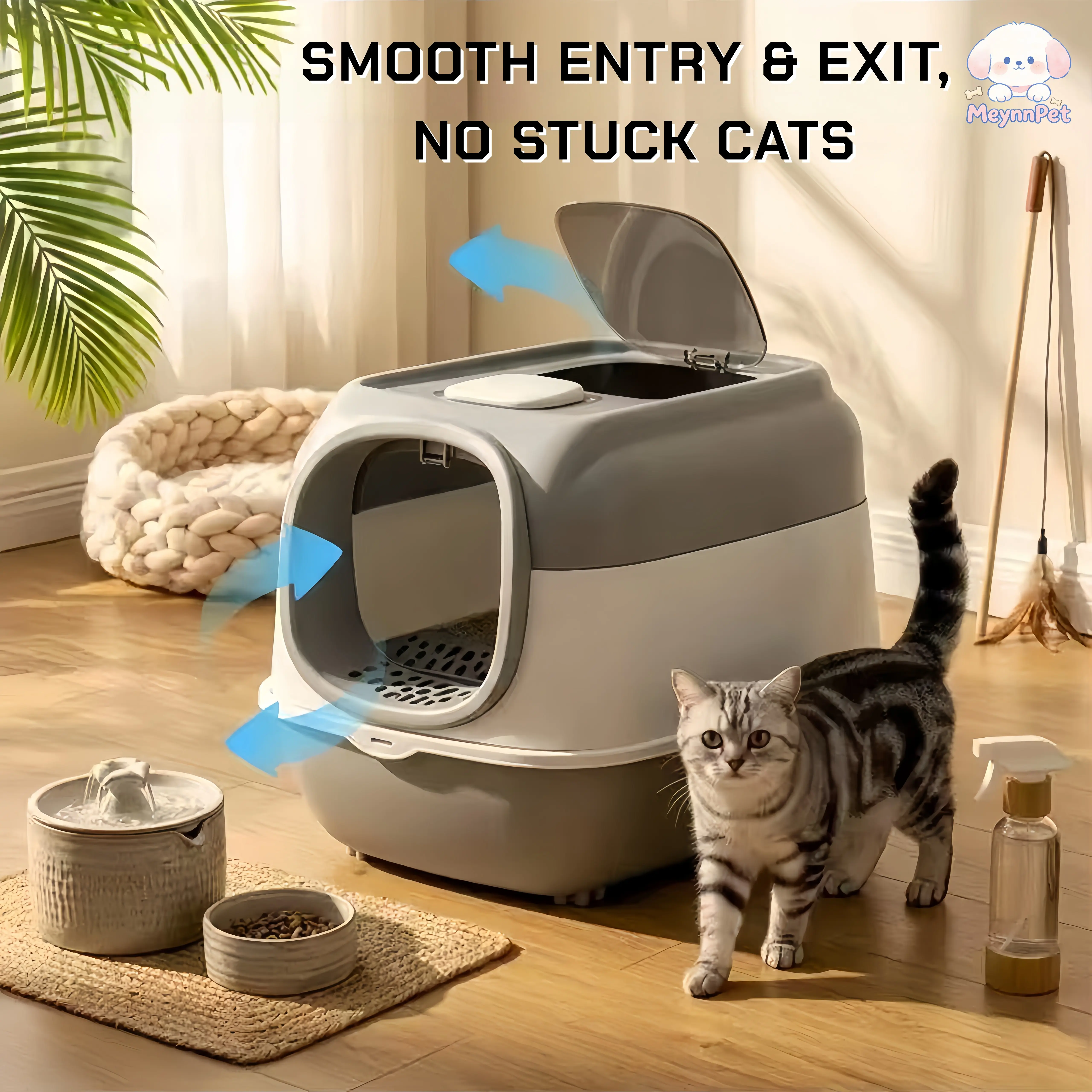 [MeynnPet] Fully Enclosed Litter Box, 180° Wide Angle Opening, 51*39*40 cm Grey Litterbox with Odor Block for Odor-Free Waste Disposal