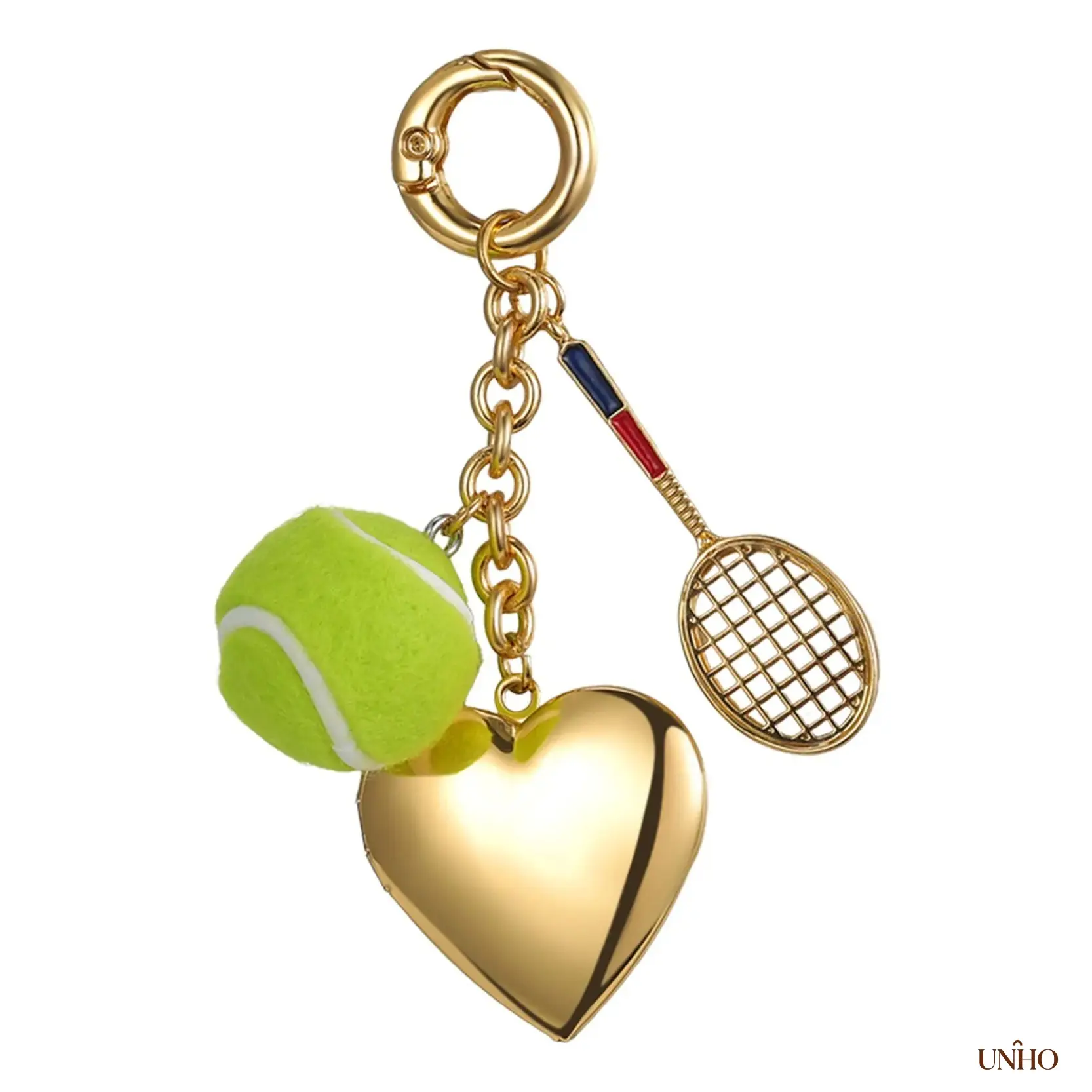 Gold Plated Heart Locket Key Ring Bag Charm - Women's DIY Bag Accessory with Mini Racket & Photo Frame, Heart Shape Tennis Theme Decor for Casual Outing, Versatile Functional Luggage Accessory, Cute Charm, Stylish Accessory