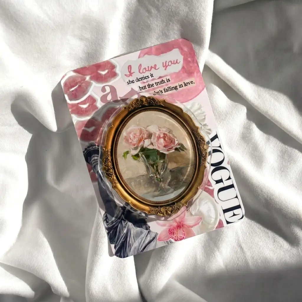 Vintage Gold Frame Phone Grip Magnetic, Antique Pink Rose Oil Painting Griptok Phone Stand, Coquette Romance Magazine Collage Phone Ring Holder, Fine Art Lover Gift