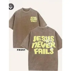Women's Jesus Never Fails Classic Yellow Short-Sleeve Vintage Washed T-Shirt, Retro Streetwear Faith Distressed Tee for Matching Outdoor Styles,summervibes