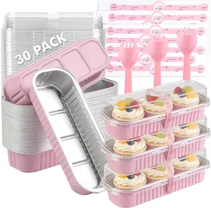 30 Pack Mini Loaf Cake Pan with Lids and Spoons, 6.8oz Small Disposable Aluminum Cake Tin Foil Pans, Rectangular Mini Loaf Bread Pans with Lids for Baking,Party,Picnics,Holidays (Pink)