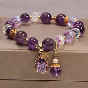 High-end natural amethyst round bead bracelet, a Bohemian-style bracelet, featuring a five-petal flower pendant, a uniquepiece of women's jewelry.