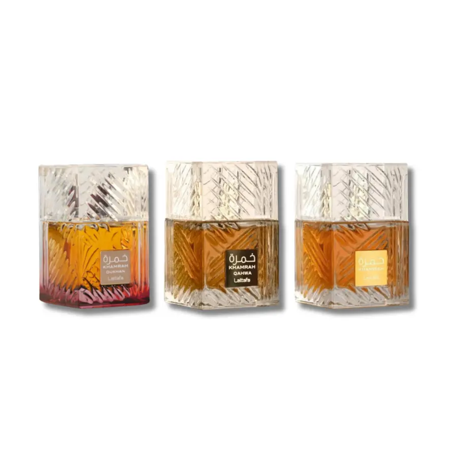 Lattafa 3 pec set Khamrah, Dukhan & Qahwa Eau De Parfum 3.4FL.OZ Elegant Alluring Fragrance Exotic Fragrance Cinnamon Scent