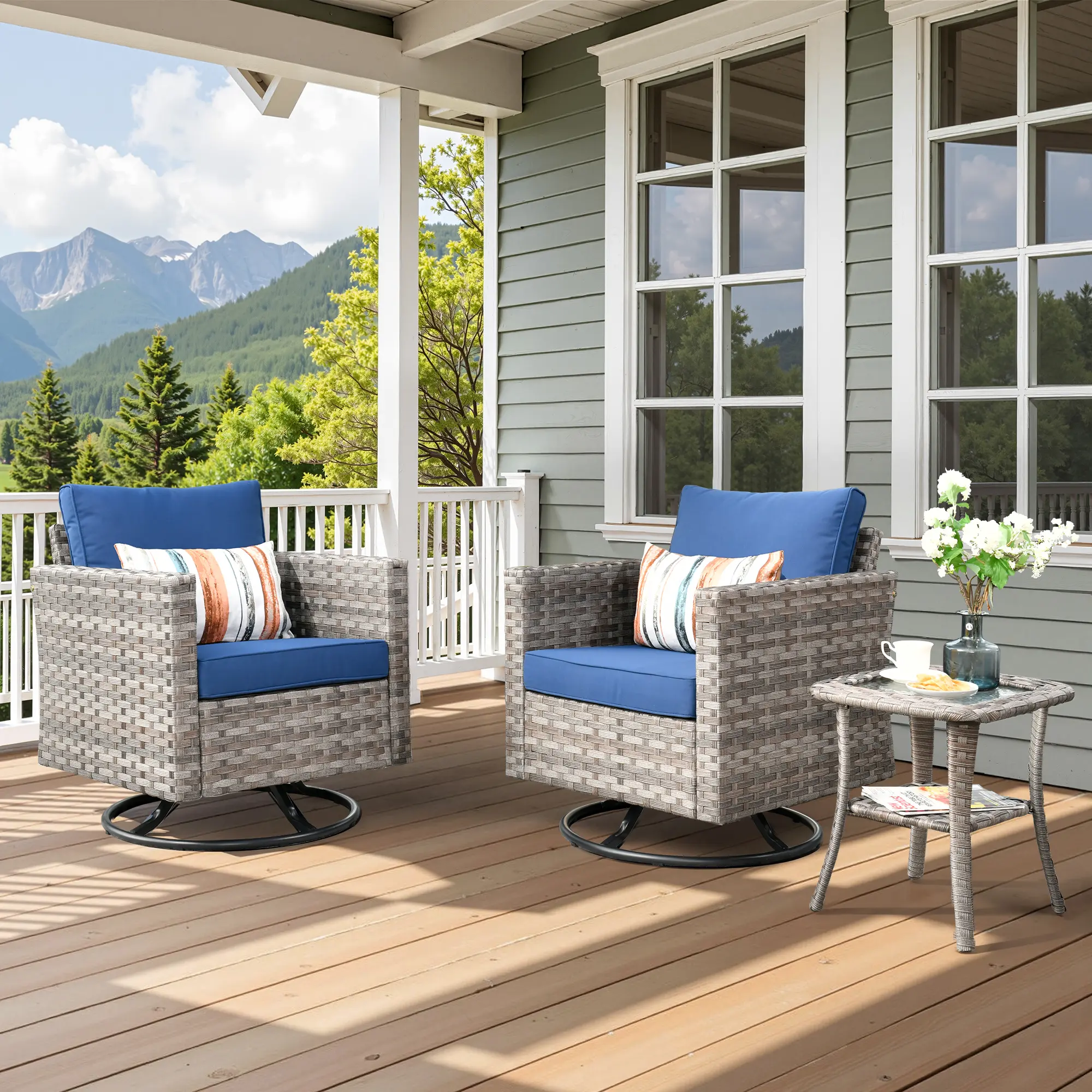【2 Packages Shipping】HOOOWOOO Swivel Rocking Chair 3-Piece Set with Side Table, High Back Design, Spacious Armrest, Water and UV Resistant, Include 4 High-Density Cushions