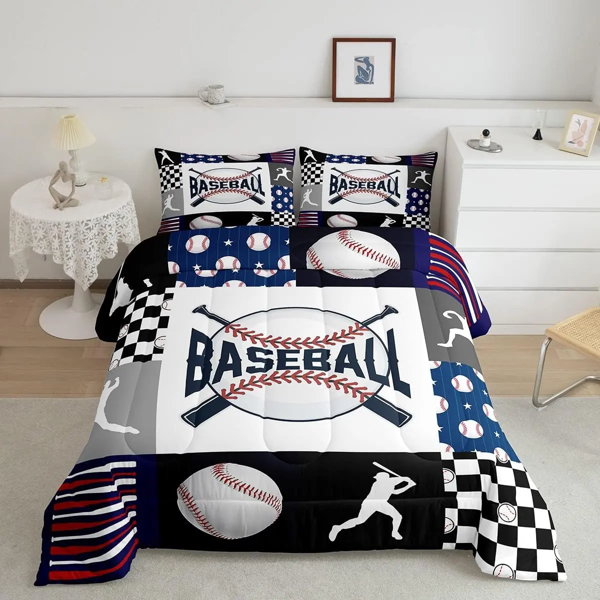 Feelyou Baseball Microfiber Duvet Set - Soft Warm Bedding, Multi-Size Breathable Material Duvets & Sets, Patchwork Geometric Checkered Linens in Black/White/Navy Blue for Kids Sport Fans, RV Travel-Friendly, Bedding Sets