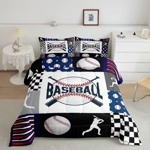 Feelyou Baseball Bedding Set - Kids Boys' Microfiber Comforter, Patchwork Geometric Checkered Black White Navy Blue Soft Blanket, Teen Sport Fans' Bedroom Bedding, Textile Bedding Linens Duvet Set