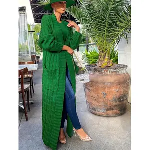 Solid Open Front Knit Cardigan, Casual Long Sleeve Long Length Sweater, Women's Clothing