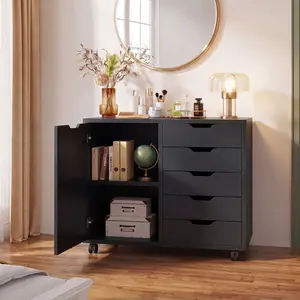 5 Drawer Wood Cabinet Drawers Organizer with Wheels Rolliing, Under Desk Cabinets with Shelves and Door Printer Stand with Wood Board Metal Frame for Home Office Storage Craft Room, Black
