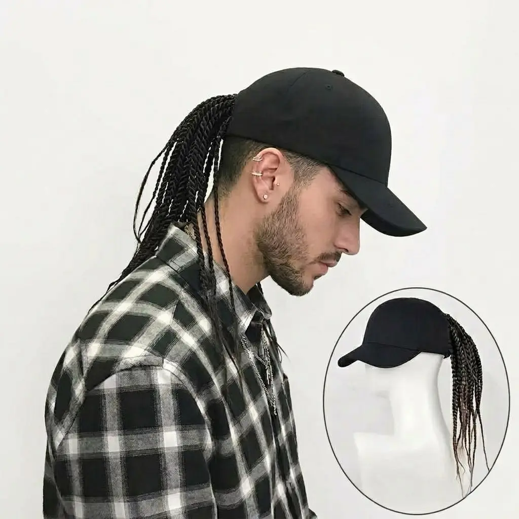 Black Adjustable Snapback Cap - Hip-Hop Punk Style, Braid-Wrapped with Dreadlock Wig, High-Temperature Fiber, 35.05cm-44.96cm Fit, for Motorcycle & Urban Fashion