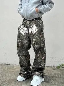 Men's Casual Camo Long Pants, Thorn Pattern Print, Loose Fit Drawstring Wide Leg, All Season Fashion, Men's Clothing, Camouflage