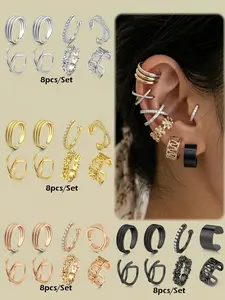 8-Piece Elegant Ear Cuffs Set, Hypoallergenic Stainless Steel, Adjustable Design, Zircon Embedded, Perfect Thanksgiving Gift for Women