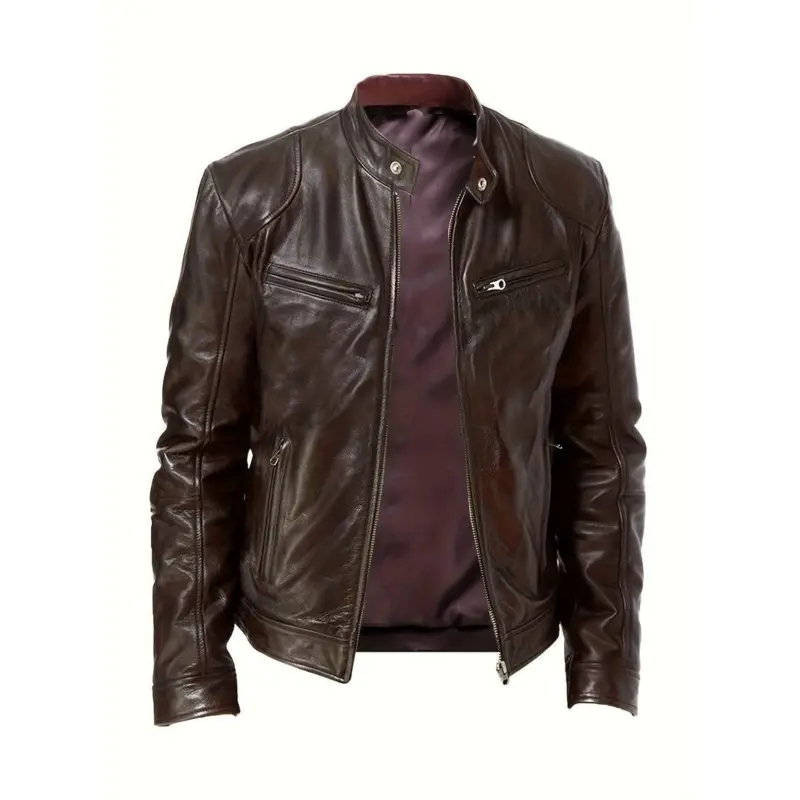 Men's Café Racer Leather Jacket Biker Brown Genuine Sheep Skin Leather