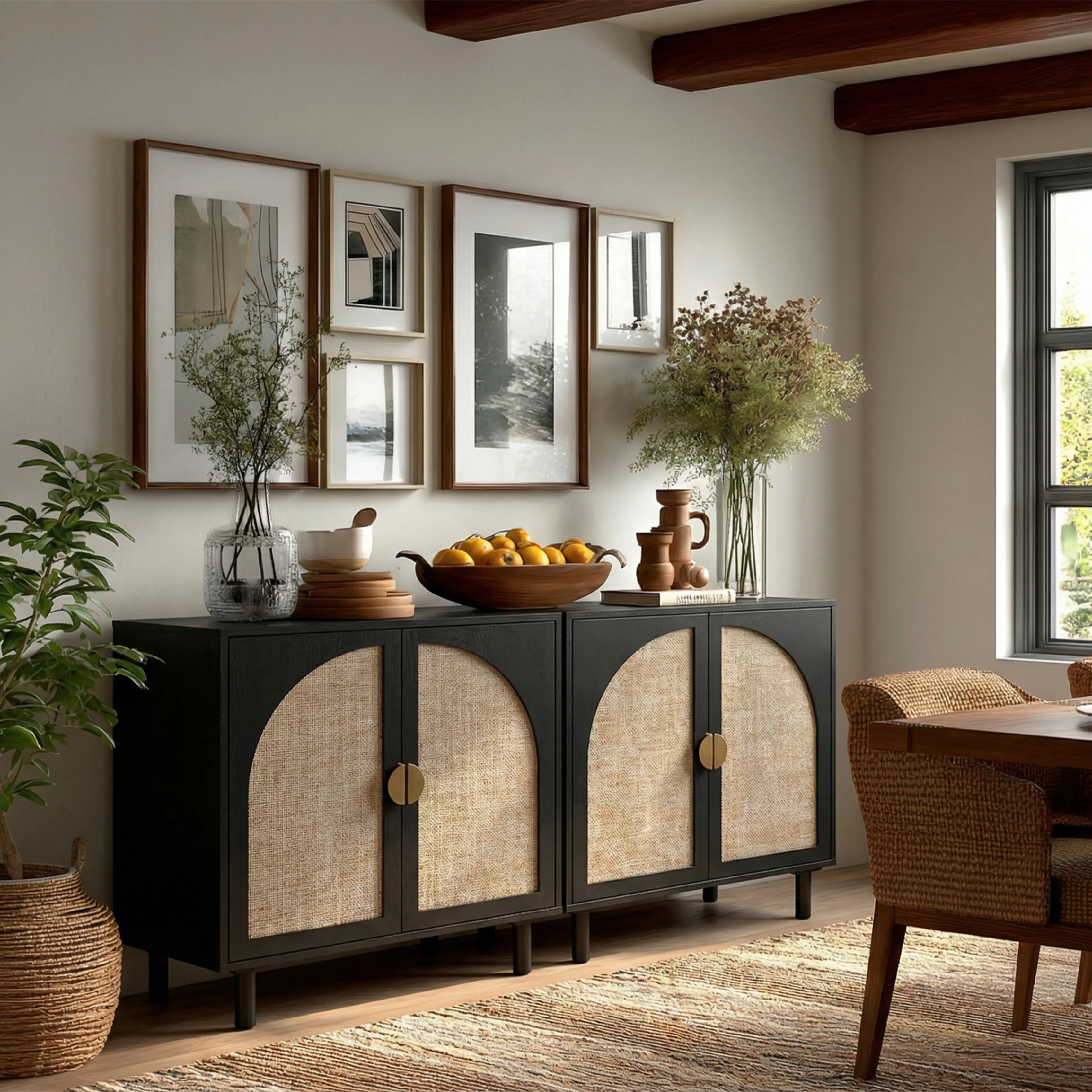 Oakault Black Rattan Sideboard Buffet Cabinet - Sturdy Rattan Wood Interior Storage Furniture, Includes Guide, Living Room Focal, Doors, Adjustable Shelf, Wooden Legs, Accent Design, Stable Drawers for Modern Apartment sohochic