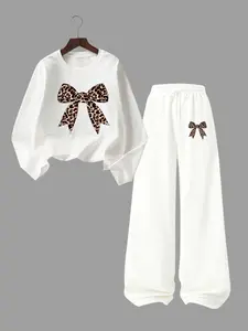 Vintage Leopard Bow Round Neck Long Sleeve T-Shirt, Elastic Waist Wide Leg Pants Set, Casual Street Style Womenswear for Spring & Fall