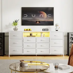 63" Dresser TV Stand for 65-75 Inch TVs, Fabric Chest with Charging Station, LED Lights & 12 Drawers