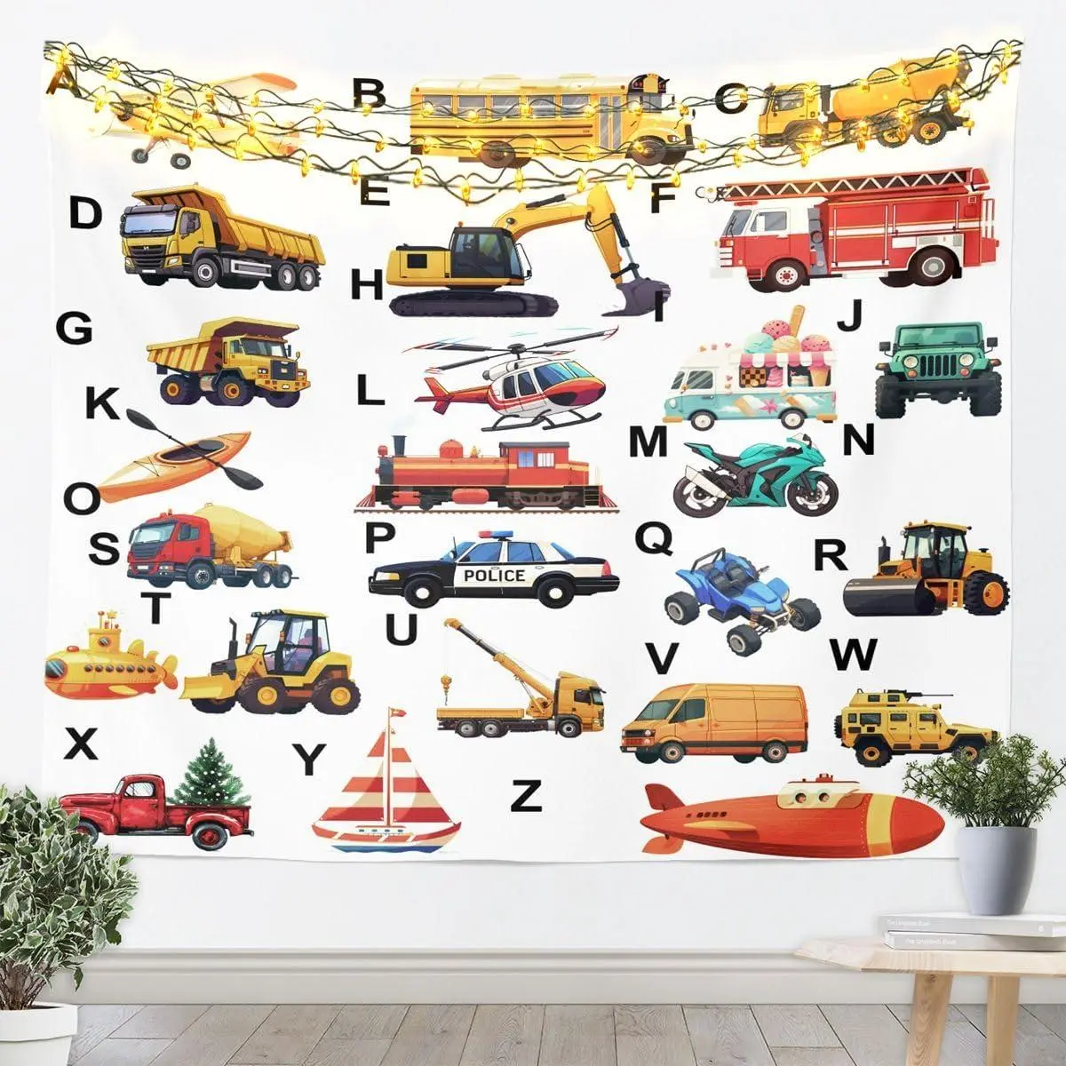 Excavator Wall Art Bedroom Living Room Fire Truck Police Car Tapestry Helicopter Motorcycle Ambulance Tapestry Wall Hanging Alphabet Vehicle Cars Decor,Medium