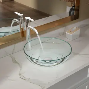 Lordear 14 x 14 Inch Artistic Vessel Sink Bathroom Vessel Sink Round Clear Tempered Glass Vanity Round Bowl with Pop-up Drain Combo Countertop Basin