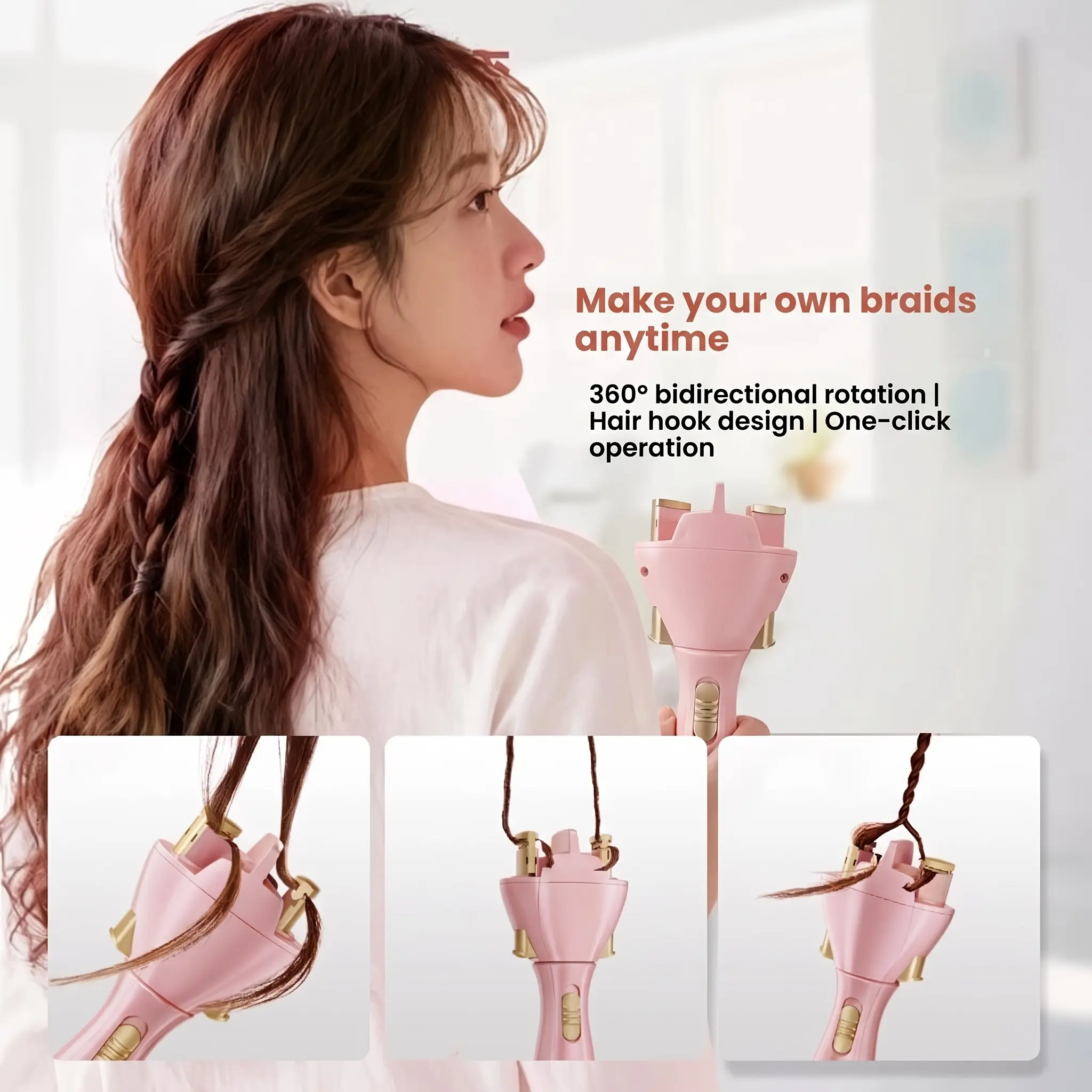 Pink Rechargeable Automatic Hair Braider - 1-Button Electric Quick Styling Tool for Women & Girls - Creates French Braids, Buns, DIY Updos