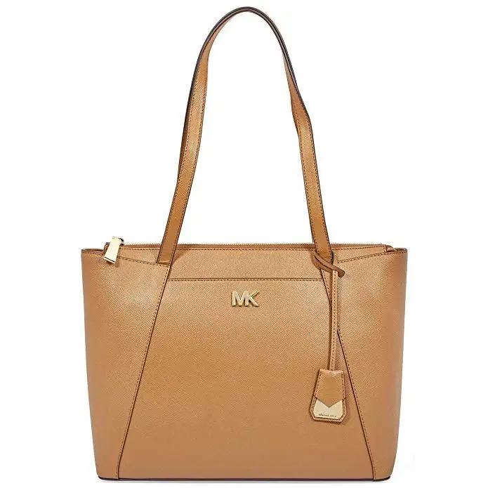 Michael Kors Maddie Women's Medium Crossgrain Leather Tote Bag - Logo Detailing, Padded Compartment, Front and Back Pockets, Dust Bag Included, Brown - 30S8GN2T2L-203, Medium Tote, Top Handle, 10.75 Inch, Casual, Minimalist Wardrobe, High-Capacity