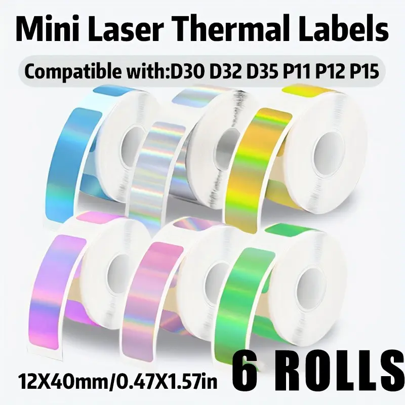 6 Rolls Color Laser Thermal Label Paper, Office Supplies, 12x40mm Printable Sticker Roll, Thermal Tape for Printers, Compatible with D30-D35 Models, Labels for Printers, Thermal Printing Labels