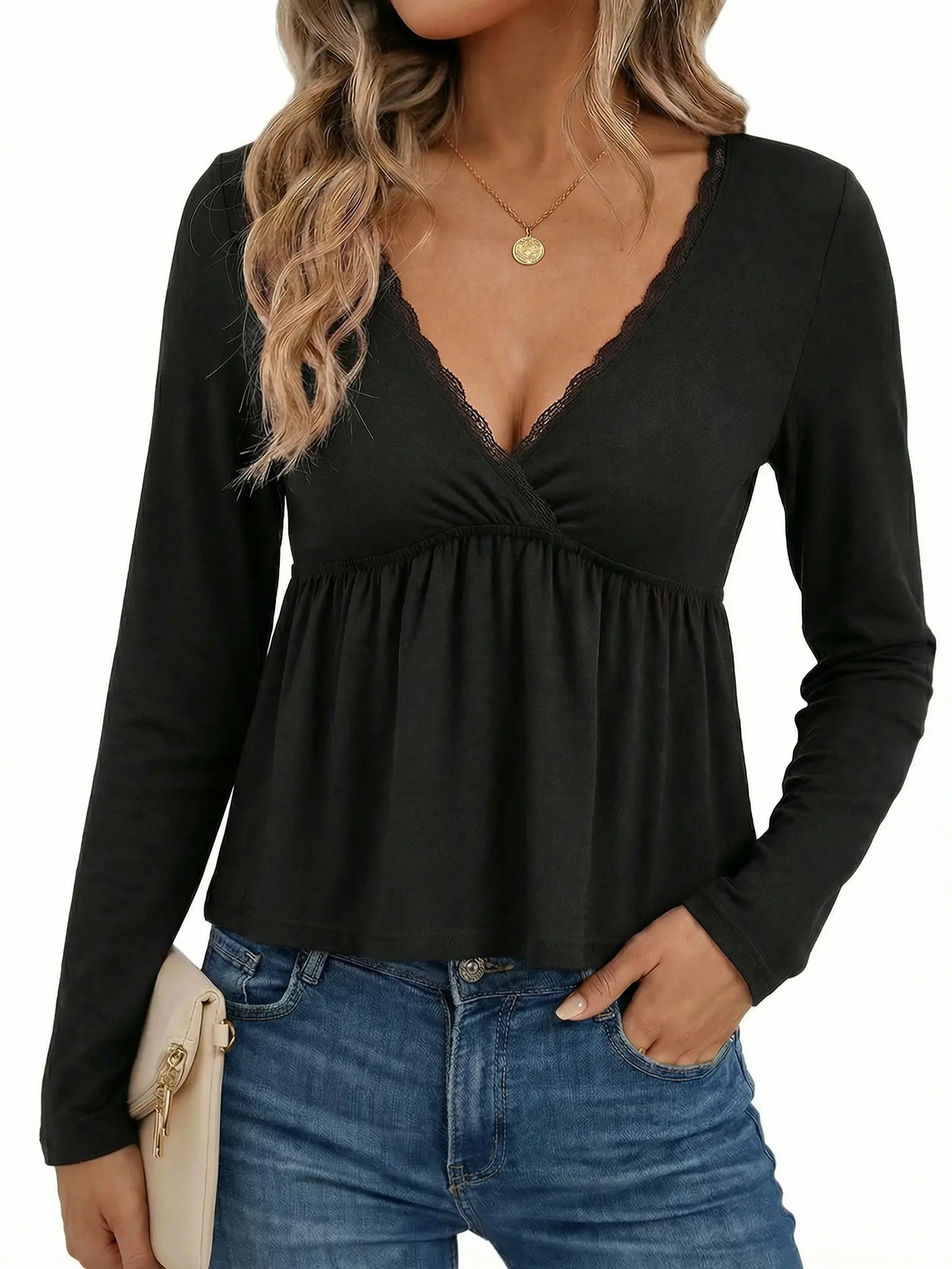 EMMIOL Peplum Tops for Women Long Sleeve Babydoll Tops Cute Y2K Shirts | V Neck with Lace Trim T Shirts, Casual Going Out Top 2026, Fall Trendy, Cute Summer Blouse, Peplum Tops, Stretchy Fabric