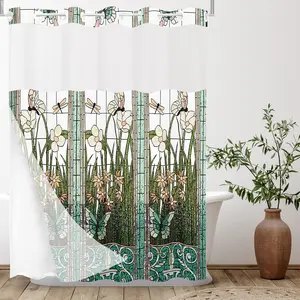 Butterfly Garden Glass Window Pattern Waterproof Shower Curtain Set, Shower Curtain Liner, Modern Design, Snap Button Fabric Lining, Transparent Mesh Top, Dual Layer Bathroom Accessories