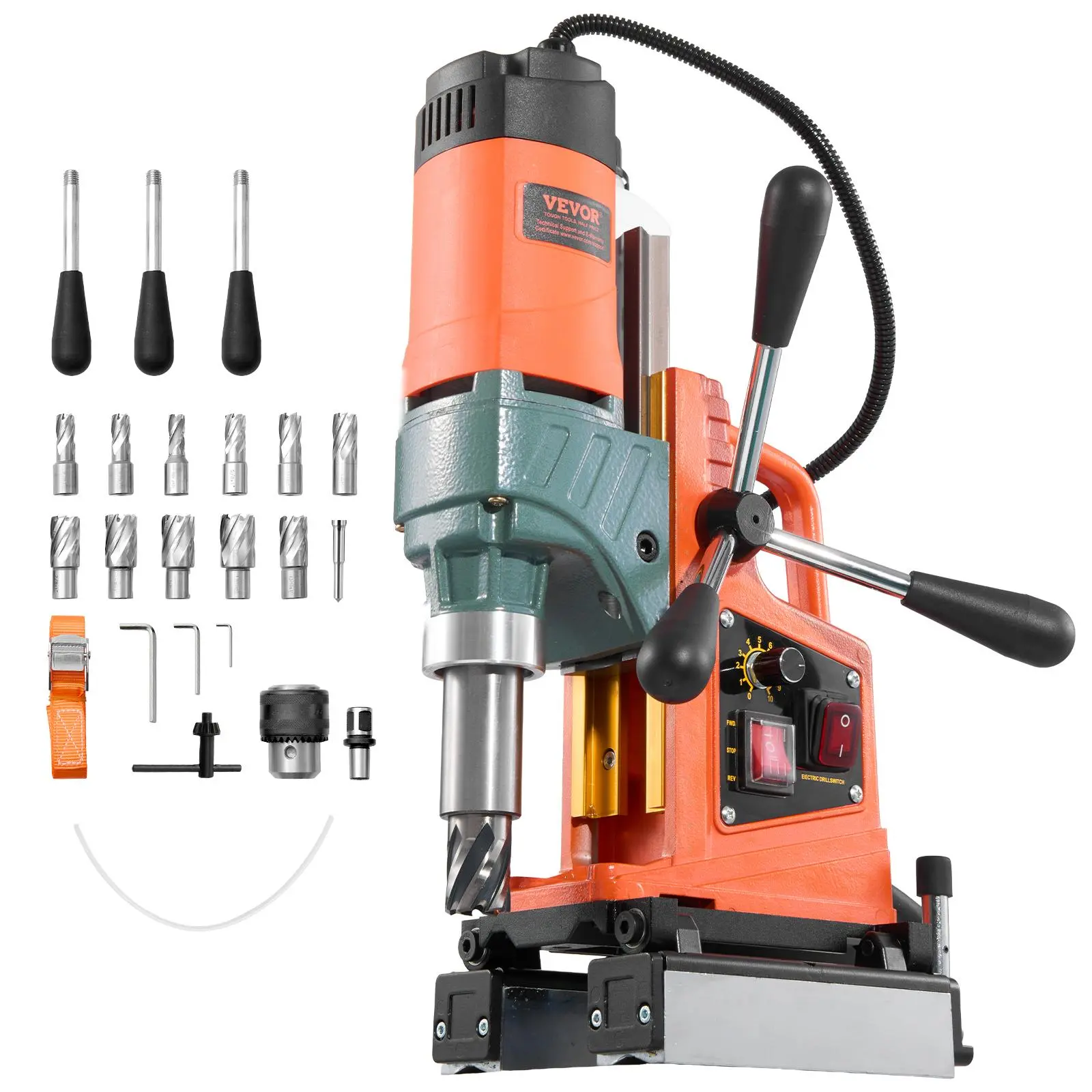 【Summerfinds】VEVOR Magnetic Drill Press Power Tool, 1400W Electric Drilling Machine, 2 in Boring Diameter, 0-750 RPM Speed, Reversible Direction, 11 Core Bits for Pipes & Flat/Curved Surfaces, Industrial Use, Power Tools