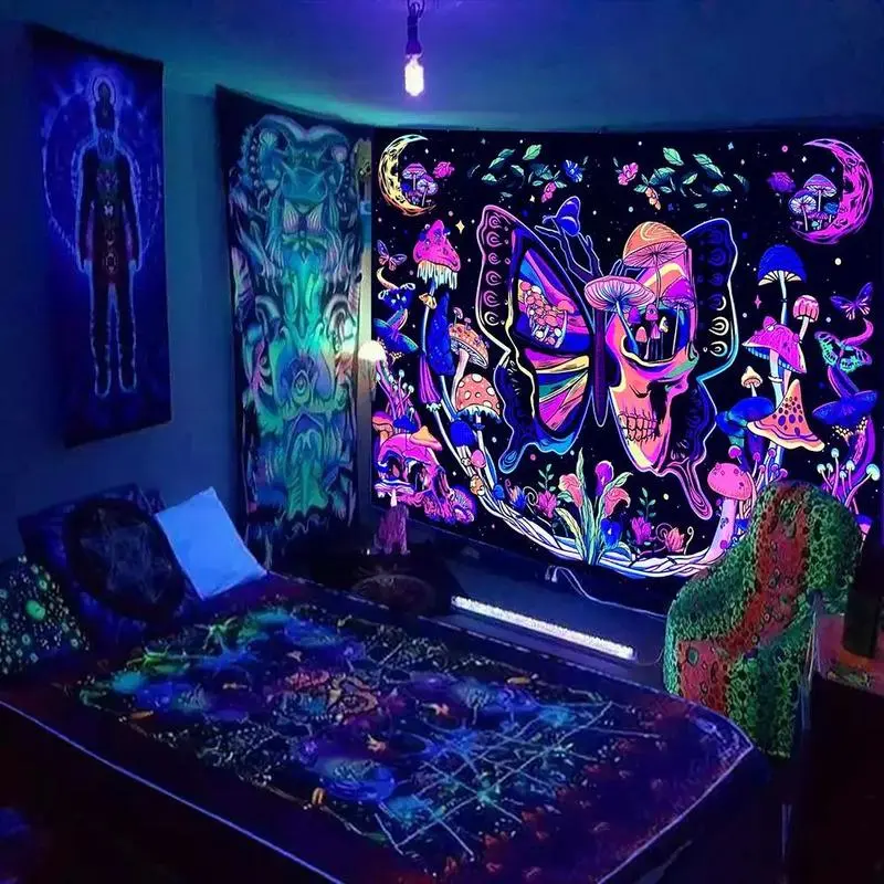 UV-Reactive Abstract Mushroom Pattern Neon Tapestry - 1 Count Glow in the Dark Hangable Wall Decor, Easy Install Effortless Accent, 1 Size Dorm Home Party Backdrop Supply, Decoration Items