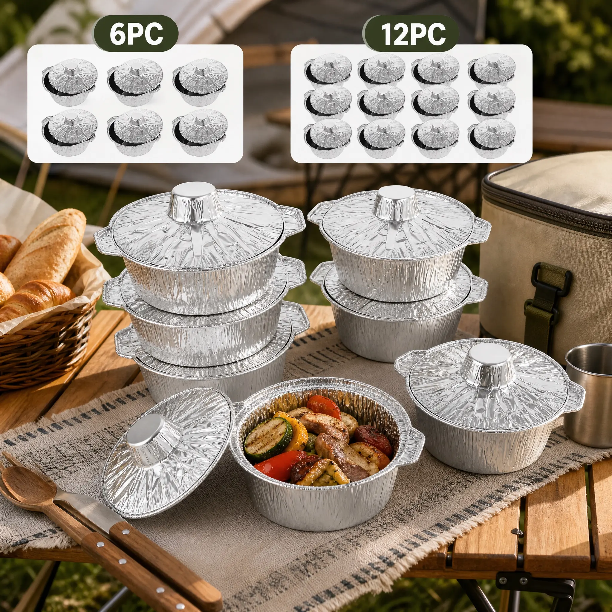 Disposable Aluminum Foil Pots with Lids, 6-12 Pack Disposable Cookware Food Containers for Camping, BBQ summerwins