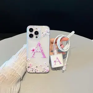 Initials Letter A Pattern Phone Case with Charger Saver & Cable Protector & Storage Bag & Phone Chain, Anti-drop Cellphone Protective Case for iPhone, Shockproof