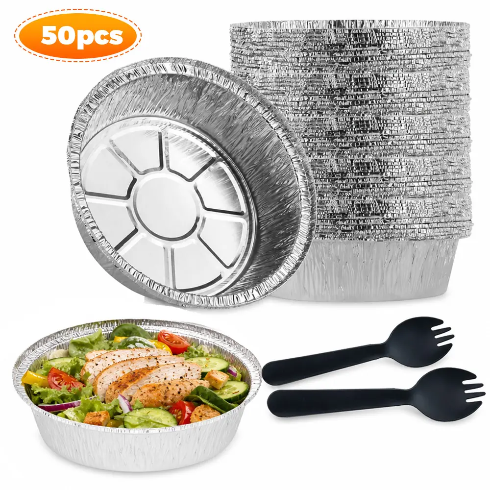 Disposable Aluminum Foil Bowl Set, 50-Pack 6in Round Tin Foil Cookware with 50 Sporks (Includes Utensils), Oven Safe Single Serve Containers for Meal Prep, Takeout