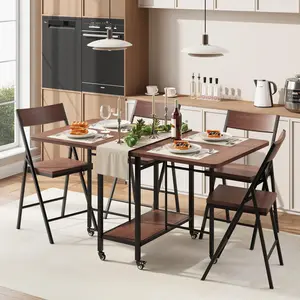 5PCS Folding Dining Table Set, Drop Leaf Kitchen Table with 4 Folding Chairs, Space Saving Table & Chair Set with Swivel Wheels for Small Space